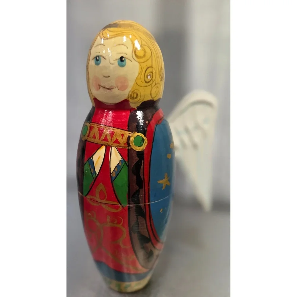 Vintage Russian Hand Painted Wooden Angel Nesting Dolls Matryoshka 3 Piece